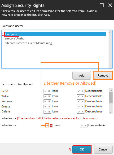 Sitecore Remove Inheritance Assign Security Rights Options Blog Vinicius Deschamps