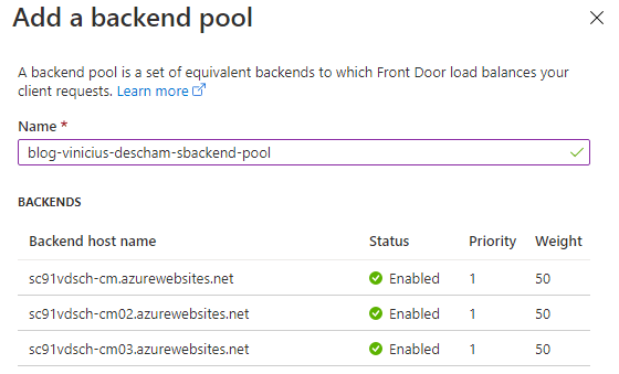 azure create a front door add a backend pool repeat complete add a backend app services blog vinicius deschamps