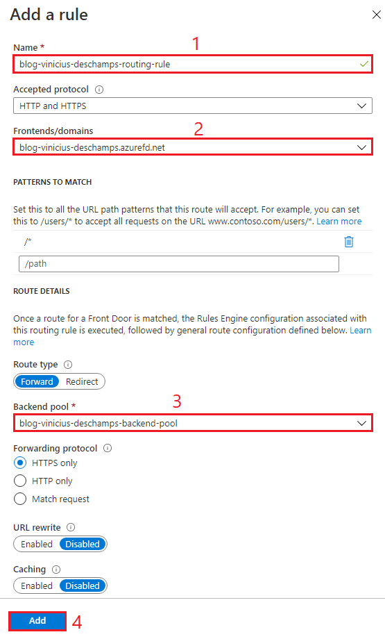 azure create a front door routing rules add a rule blog vinicius deschamps