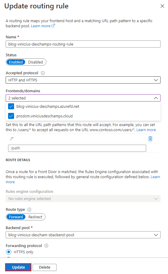 azure front door update routing rule hit update button after select new frontends domains blog vinicius deschamps
